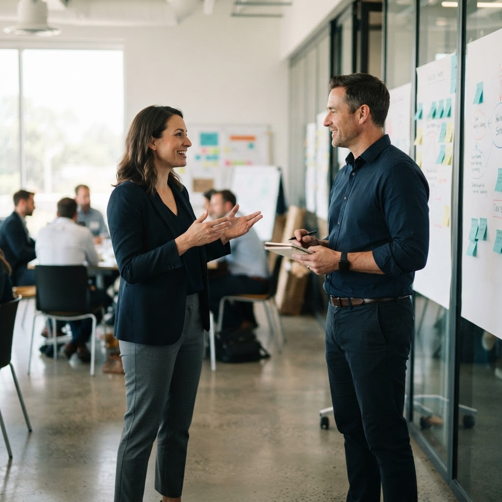 Two sales professionals practicing a role-play conversation during an EPYX Chameleon Selling workshop